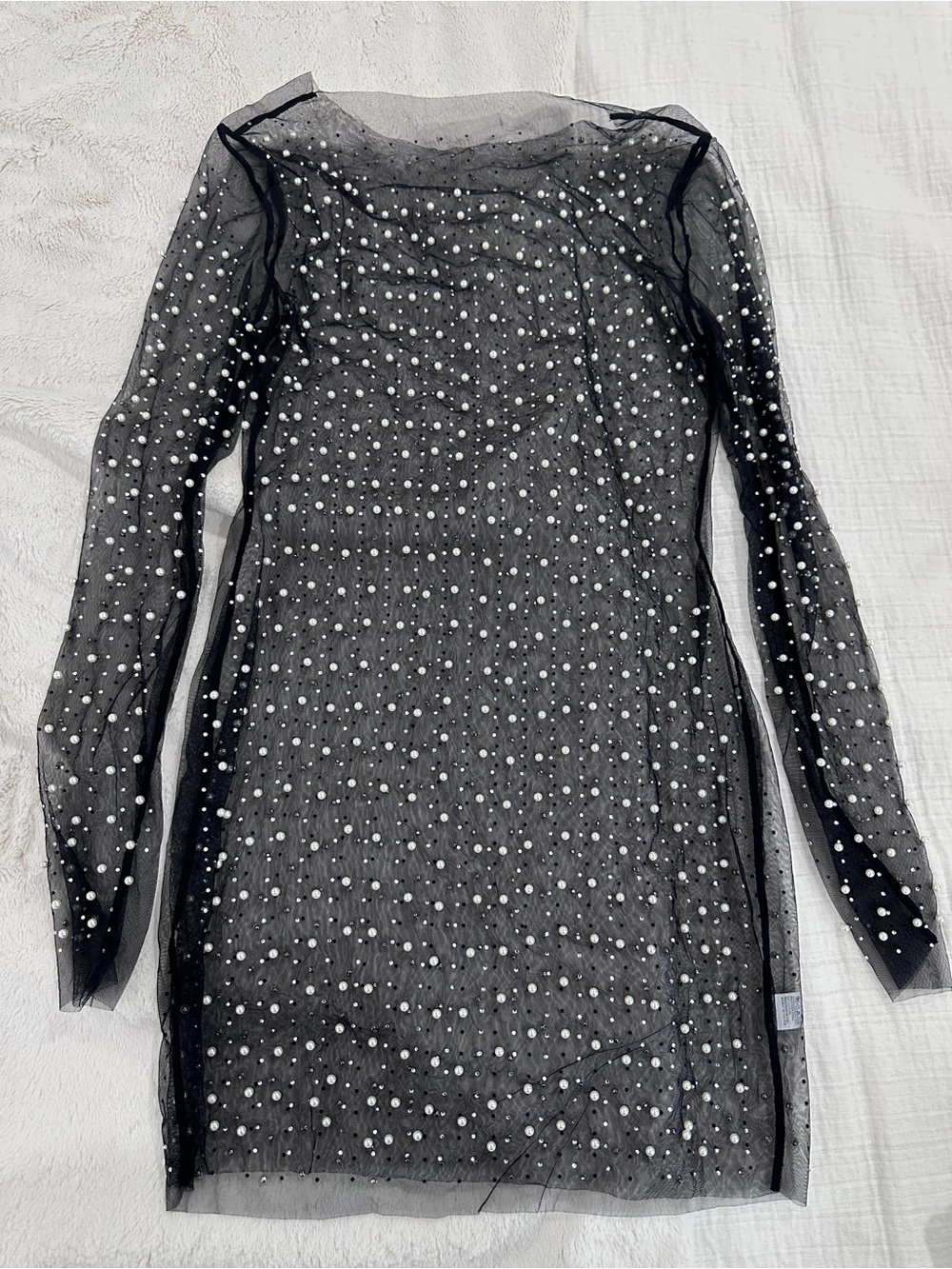 Sheer Black Mesh Tunic with Pearl Embellishments